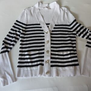 LOFT Black and White Striped Cardigan Sweater